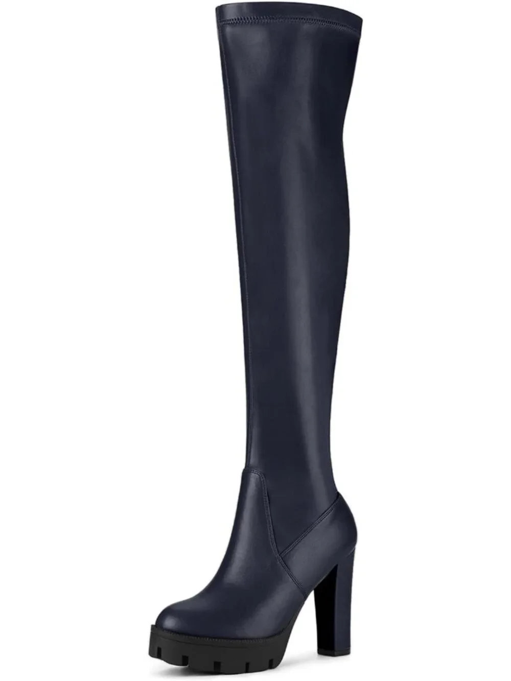 Women's Navy Blue Round Toe Faux Leather Chunky Heel Over The Knee High Boots